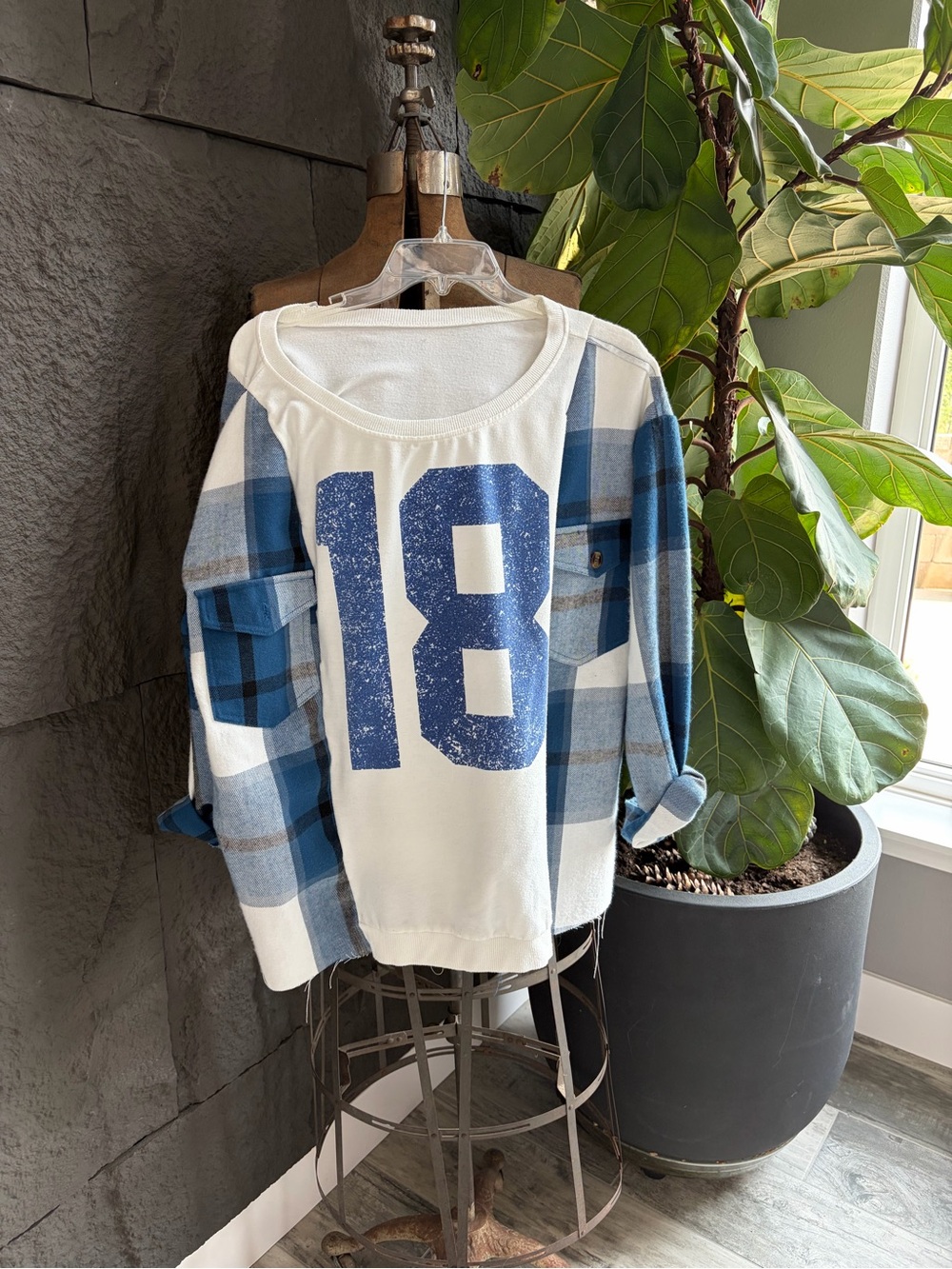 NOT PERFECT Blue Plaid Sleeve Football Tee with Number 18